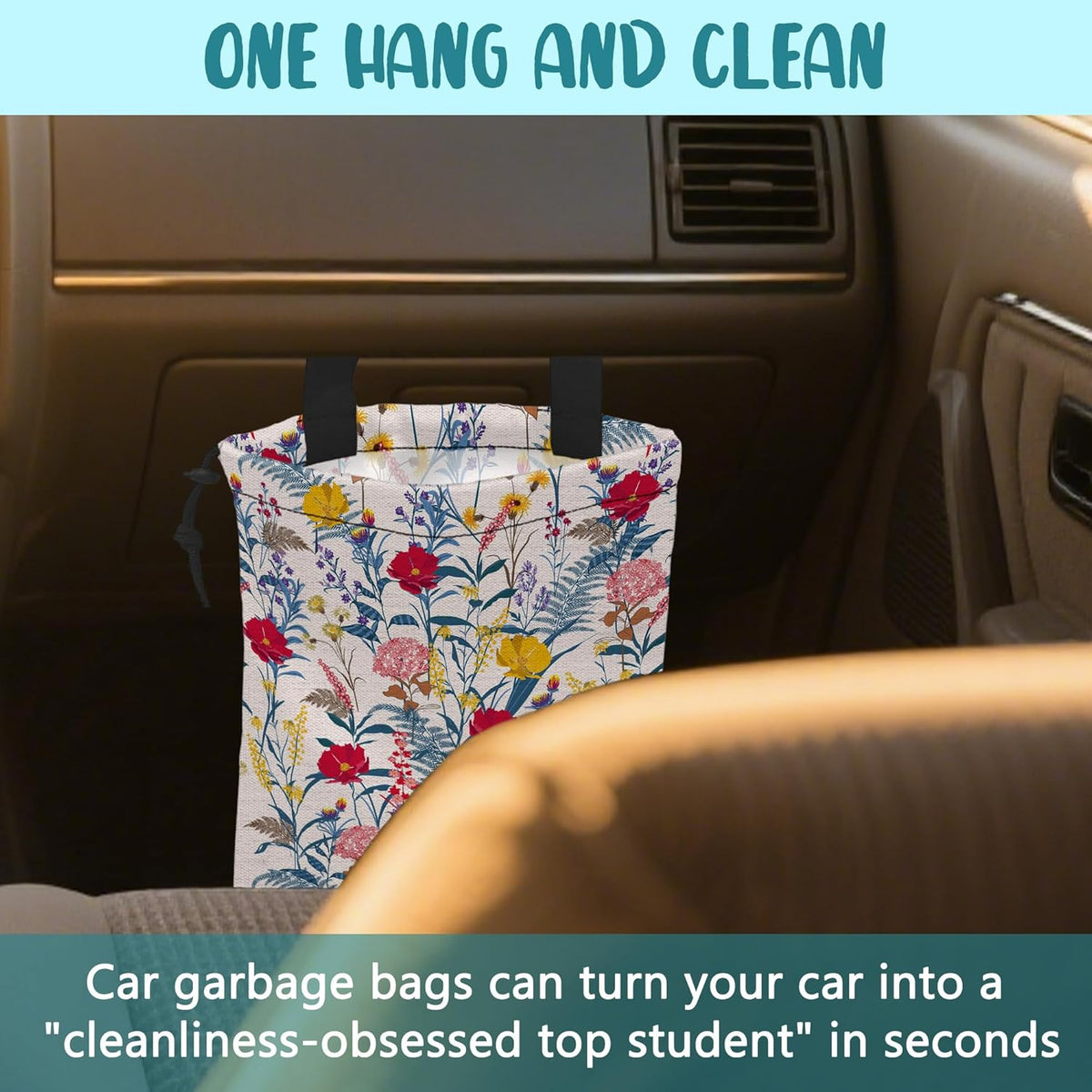 Car Garbage Bag Colorful Floral Spring Daisy Drawstring Car Trash Bag Hanging for Back Seat with Adjustable Buckle Canvas Vehicle Trash Can Easy-to-Install