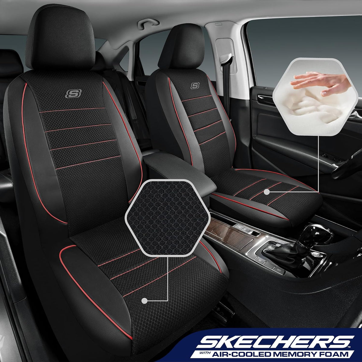 Skechers Air-Cooled Memory Foam Seat Covers,Mesh Thick Car Seat Covers,Piping Leather Car Seat Covers Front Seats,Airbag Compatible,Automotive Comfort Universal FitMost Cars,Vans,Truck,SUV,Black