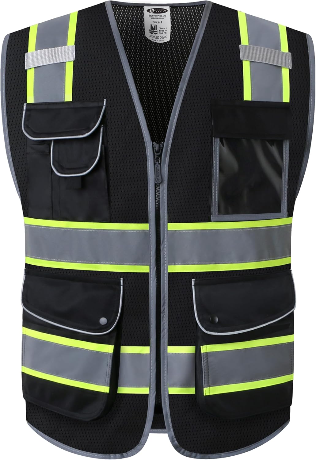 JKSafety 9 Pockets Class 2 High Visibility Zipper Front Safety Vest With Reflective Strips,Meets ANSI/ISEA Standard (Large, 150-Yellow) - Colors A