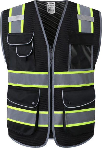 JKSafety 9 Pockets Class 2 High Visibility Zipper Front Safety Vest With Reflective Strips,Meets ANSI/ISEA Standard (Large, 150-Yellow) - Colors A