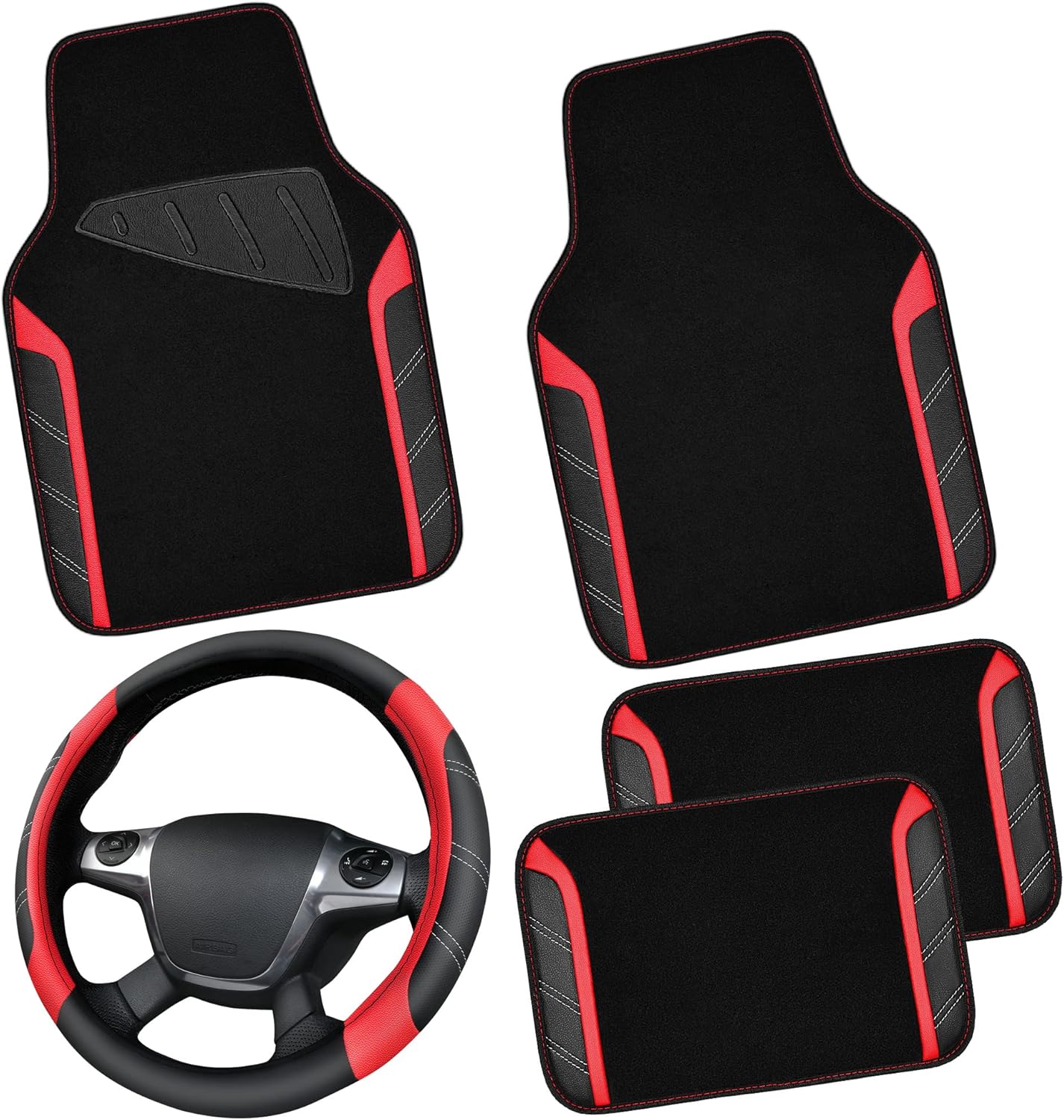 CAR PASS Air Mesh Leather Car Seat Covers Full Set, Waterproof Car Floor Mats, Sporty Steering Wheel Cover 14.5-15in, Universal Fits for 95% Cars Truck SUV (Black and Blue)