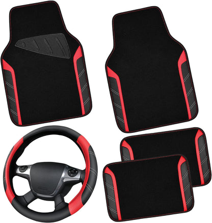 CAR PASS Air Mesh Leather Car Seat Covers Full Set, Waterproof Car Floor Mats, Sporty Steering Wheel Cover 14.5-15in, Universal Fits for 95% Cars Truck SUV (Black and Blue)