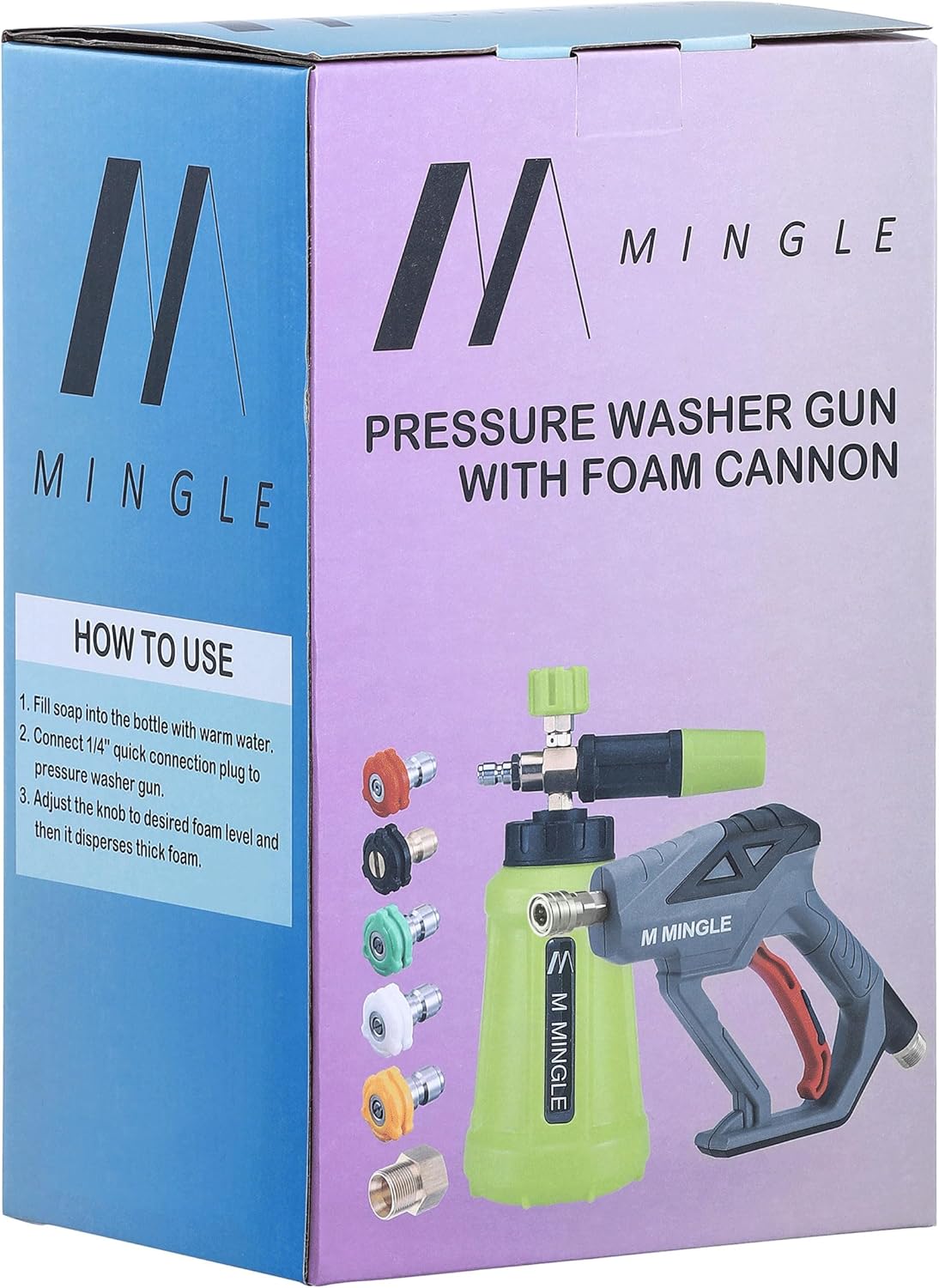 M MINGLE High Pressure Washer Gun with Foam Cannon, Foam Cannon Dual Connector Accessory, Car Wash Foam Gun Kit 1/4 Inch Quick Connector, 5 Pressure Washer Nozzle Tips