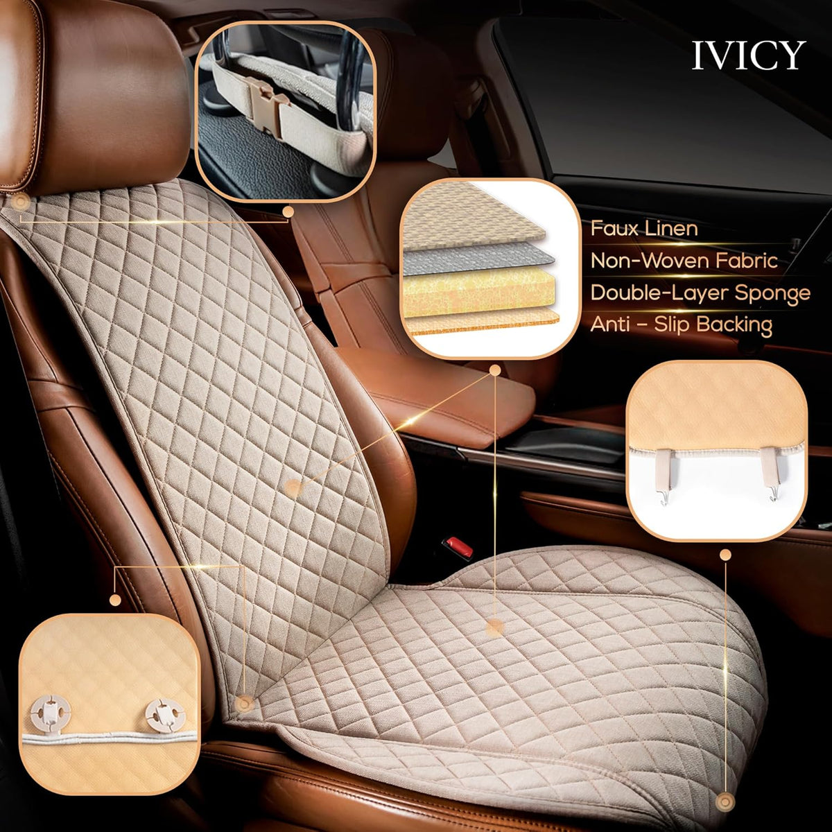 IVICY Faux Linen Front Car Seat Cover – Non-Slip Bucket Seat Protector for Most Cars, SUVs, Vans & Trucks – 1 Seat Cover, Machine Washable, Side-Airbag Friendly, Light Beige