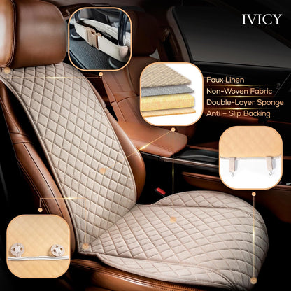 IVICY Faux Linen Front Car Seat Cover – Non-Slip Bucket Seat Protector for Most Cars, SUVs, Vans & Trucks – 1 Seat Cover, Machine Washable, Side-Airbag Friendly, Light Beige