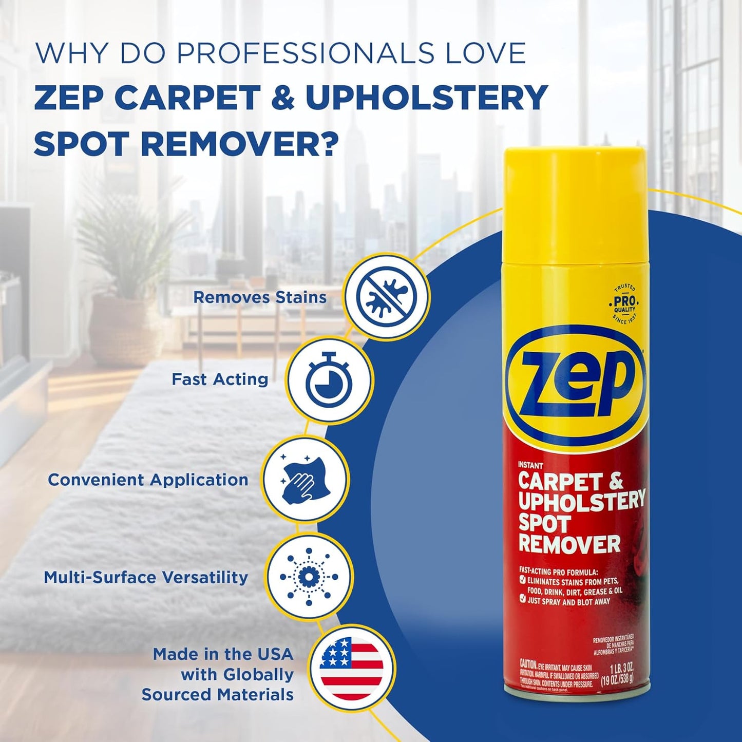 Zep Instant Carpet & Upholstery Spot Remover 19 oz (2 Units) and a Blue Microfiber Rag ECBD027-2-Pack Powerful Stain Remover for Carpet, Rugs, and Upholstery Paired with a Reusable Cloth