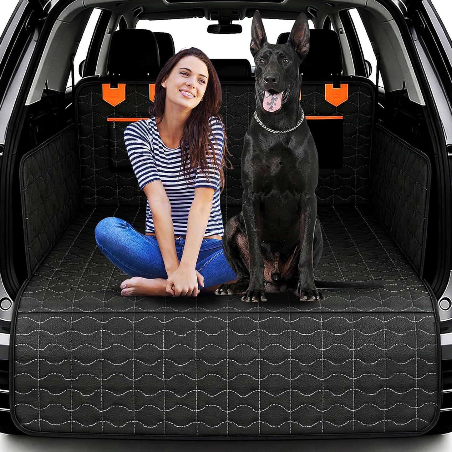 IJVAE SUV Cargo Liner for Dogs, Waterproof Dog Trunk Cover with Bumper Flap Protector, Pet Cargo Mat for SUVs Sedans Vans, Non-Slip Scratchproof Dog Seat Cover，Large Size Universal Fit, Black