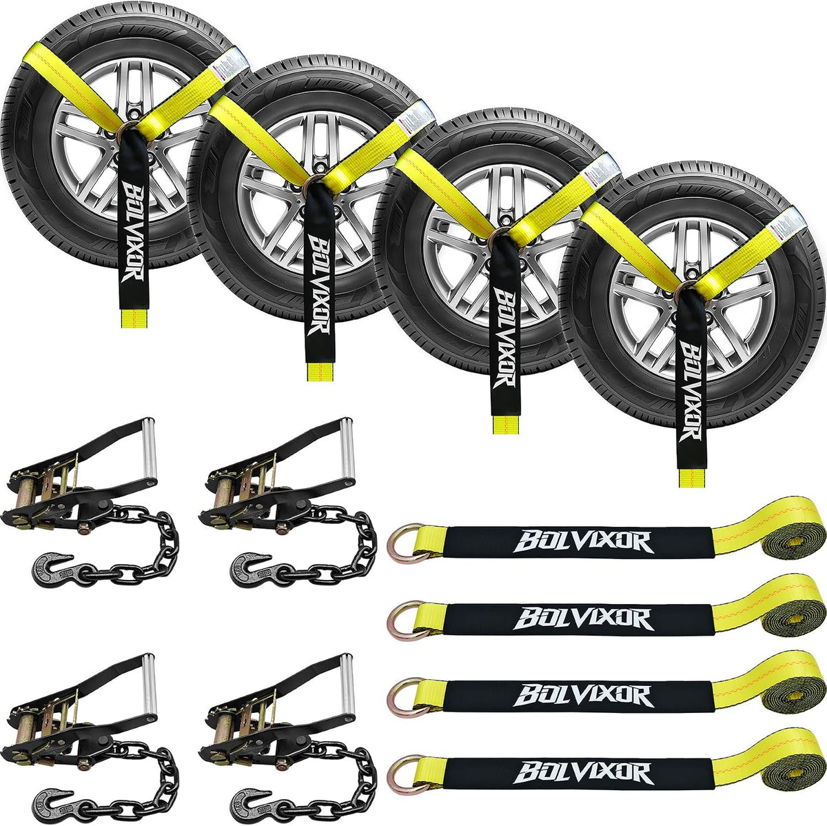 4 Pack Car Tie Down Straps for Trailers - 2" x 96" - 9900LBS Break Strength - Tire Ratchet Straps with Heavy Duty Chain Anchors for Hauling UTV, SUV, Truck, Any Cars