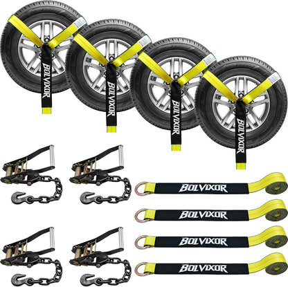 4 Pack Car Tie Down Straps for Trailers - 2" x 96" - 9900LBS Break Strength - Tire Ratchet Straps with Heavy Duty Chain Anchors for Hauling UTV, SUV, Truck, Any Cars
