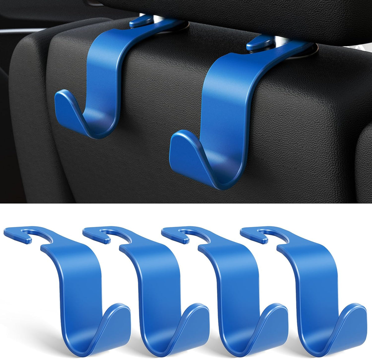Amooca 4-Pack Car Headrest Hooks Vehicle Storage Organizer for Purses Handbags Groceries Backpack Coats –Holds 55lbs 360° Rotating Black