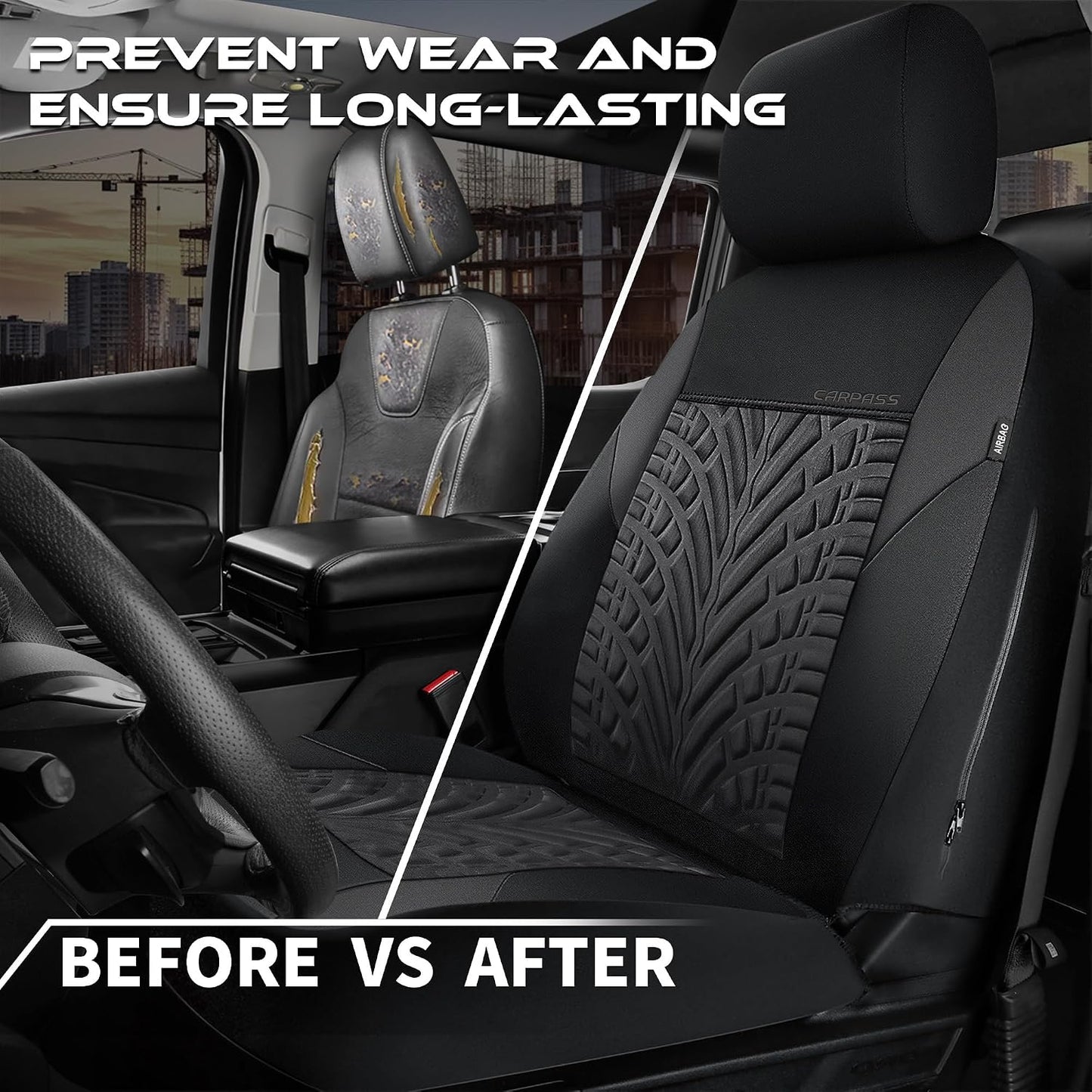 CAR PASS Car Seat Covers Full Sets, Front & Split Rear Bench for Car, 3D Tyre Embossed Automotive Interior Covers, Airbag Compatible, Quick Setup Universal Fit Seat Covers for Car, SUV(Charcoal)