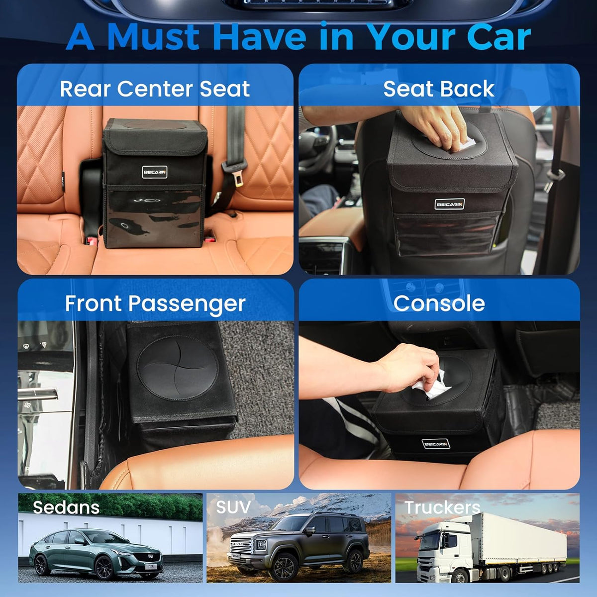 Car Trash Can with Lid - Trash Bag Hanging with Storage Pockets Leak-Proof SUV Organizer Collapsible and Portable Waterproof Truck Garbage Bin, 2.6 Gal Large Capacity Multipurpose Trash Bin for Van