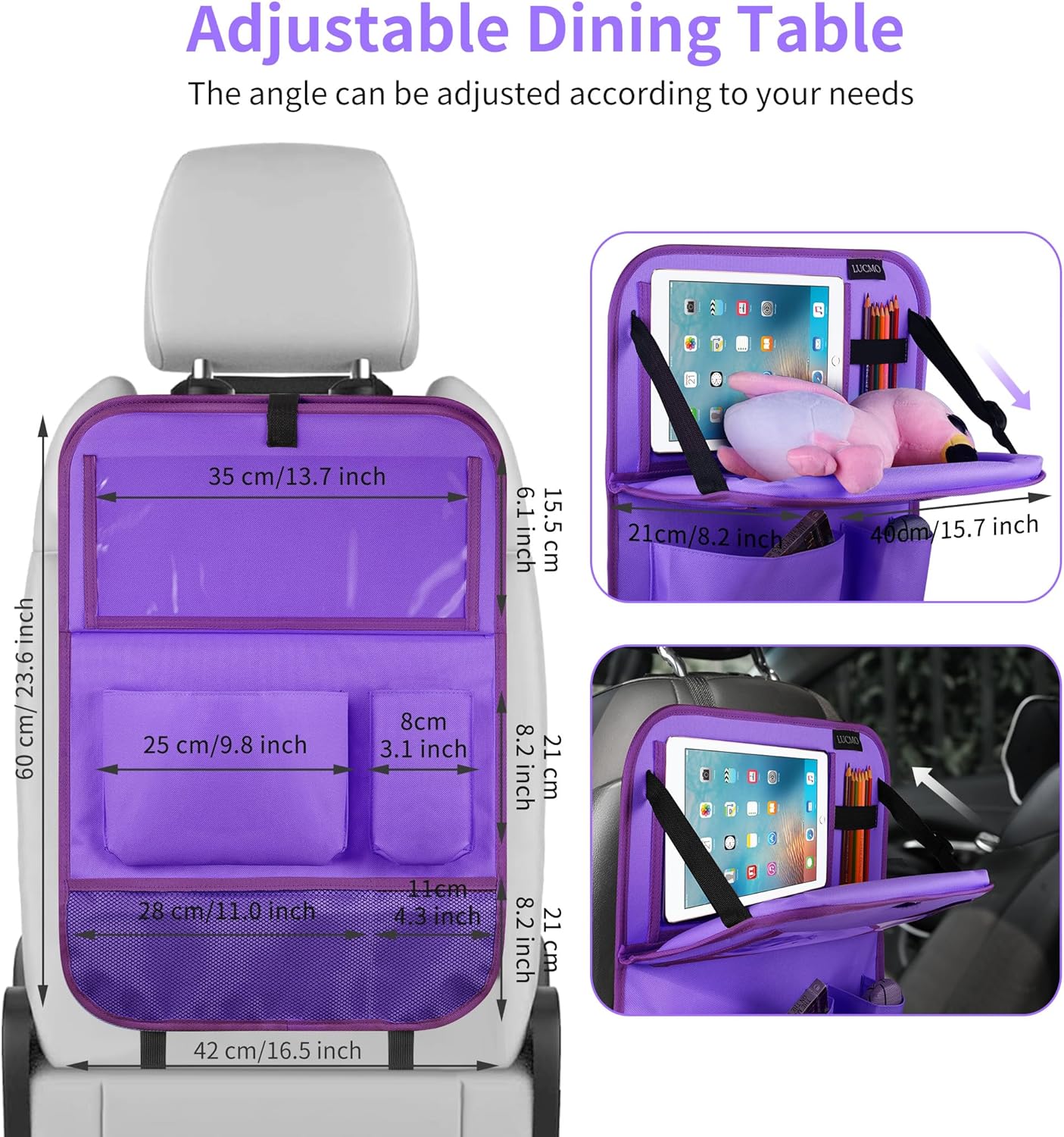 LUCMO Car Backseat Organizer with Tablet Holder,6 Storage Pockets Car Storage Organizer with Foldable Food Tray,Protectors Kick Mats Travel Accessories-Black