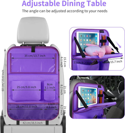 LUCMO Car Backseat Organizer with Tablet Holder,6 Storage Pockets Car Storage Organizer with Foldable Food Tray,Protectors Kick Mats Travel Accessories-Black