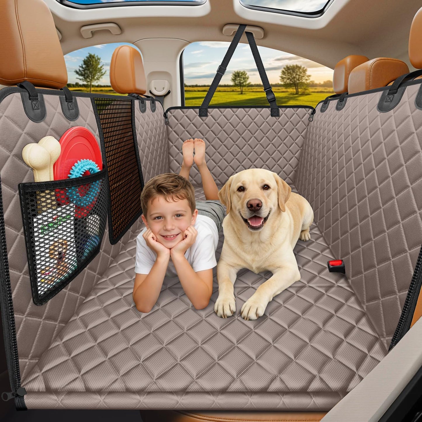 URPOWER Backseat Extender for Dogs - Hard Bottom Dog Car Seat Cover for Back Seat, Dog Hammock for Car and SUV, Pet Rear Seat Protector Dogs Travel Bed with Mesh Window