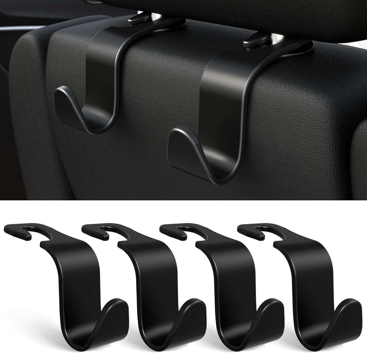 Amooca 4-Pack Car Headrest Hooks Vehicle Storage Organizer for Purses Handbags Groceries Backpack Coats –Holds 55lbs 360° Rotating Black
