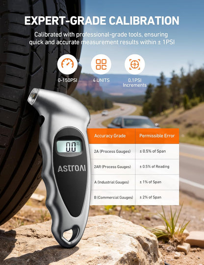 AstroAI Digital Tire Pressure Gauge 200 PSI, Industrial Tire Gauge Calibrated to ANSI B40.7 Grade 2A (±0.5%), AAA Batteries, for Light Trucks, Pickup Trucks, SUVs, Cars (Black)
