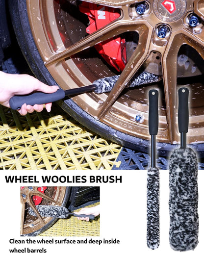 Wheel Brushes for Cleaning Wheels (4 Pro Pack)- 2X Soft Wheel Cleaning Wool Brush, Detailing Brush and Stiff Tire Brush, Scratch Free Durable Car Wheel Rim Brush Kit for Car Rim and Tire Detailing