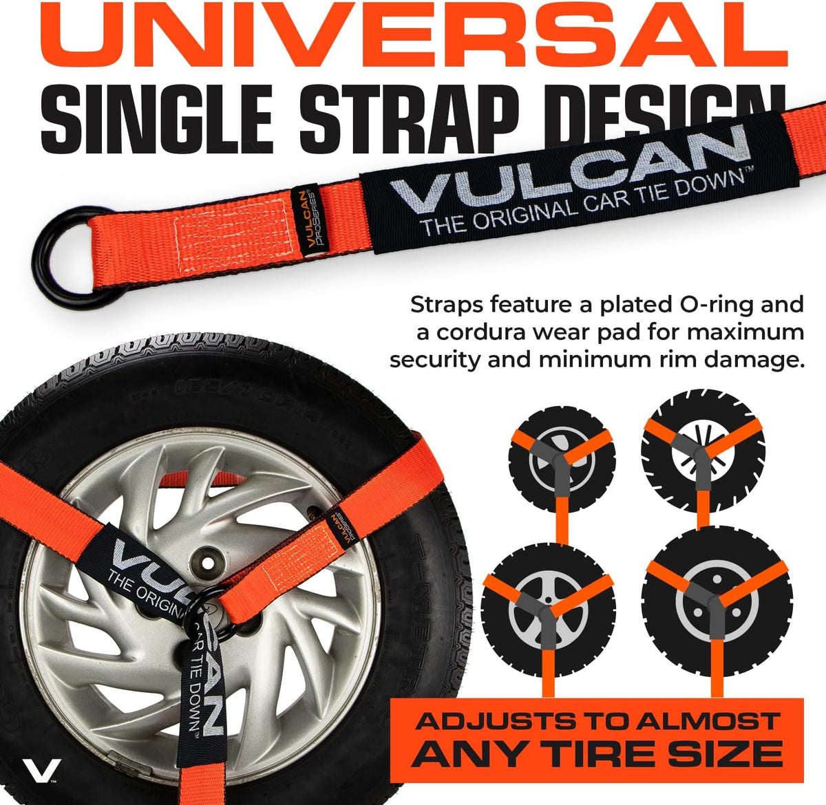 VULCAN Car Tie Down with Flat Hooks - Lasso Style - 2 Inch x 96 Inch - 4 Pack - Silver Series - 3,300 Pound Safe Working Load
