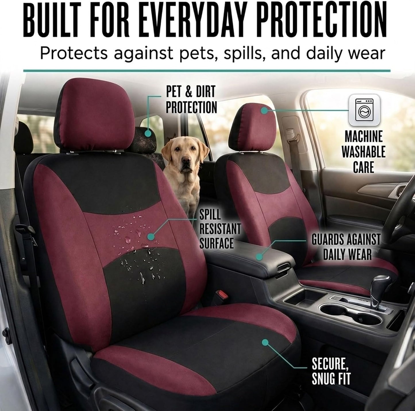 FH Group Full Set Cloth Car Seat Covers, Universal Fit Front and Split Bench Rear, Airbag Compatible, Washable for SUV, Sedan, Van - Black
