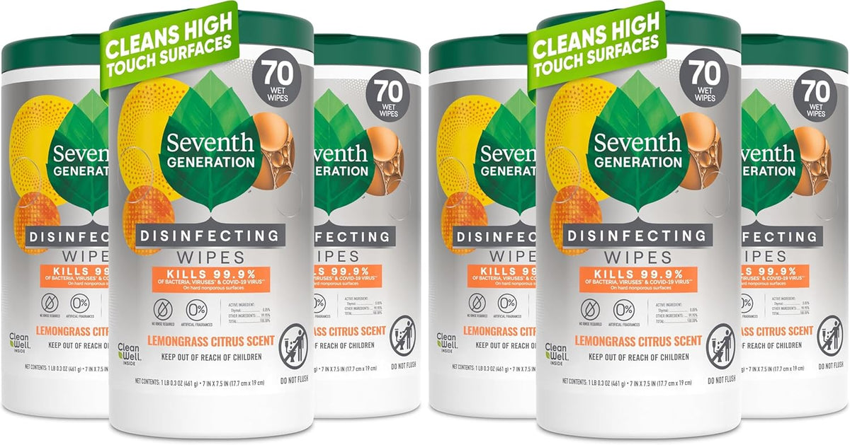 Seventh Generation Disinfecting Wipes, Lemongrass Citrus, 70 Count, 3 Pack, Botanical Multi-Surface Cleaner Kills 99.9% Germs, No Bleach, Plant-Based Formula for Home, Kitchen, Bathroom, Car Interior