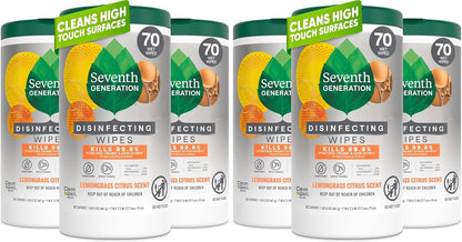 Seventh Generation Disinfecting Wipes, Lemongrass Citrus, 70 Count, 3 Pack, Botanical Multi-Surface Cleaner Kills 99.9% Germs, No Bleach, Plant-Based Formula for Home, Kitchen, Bathroom, Car Interior