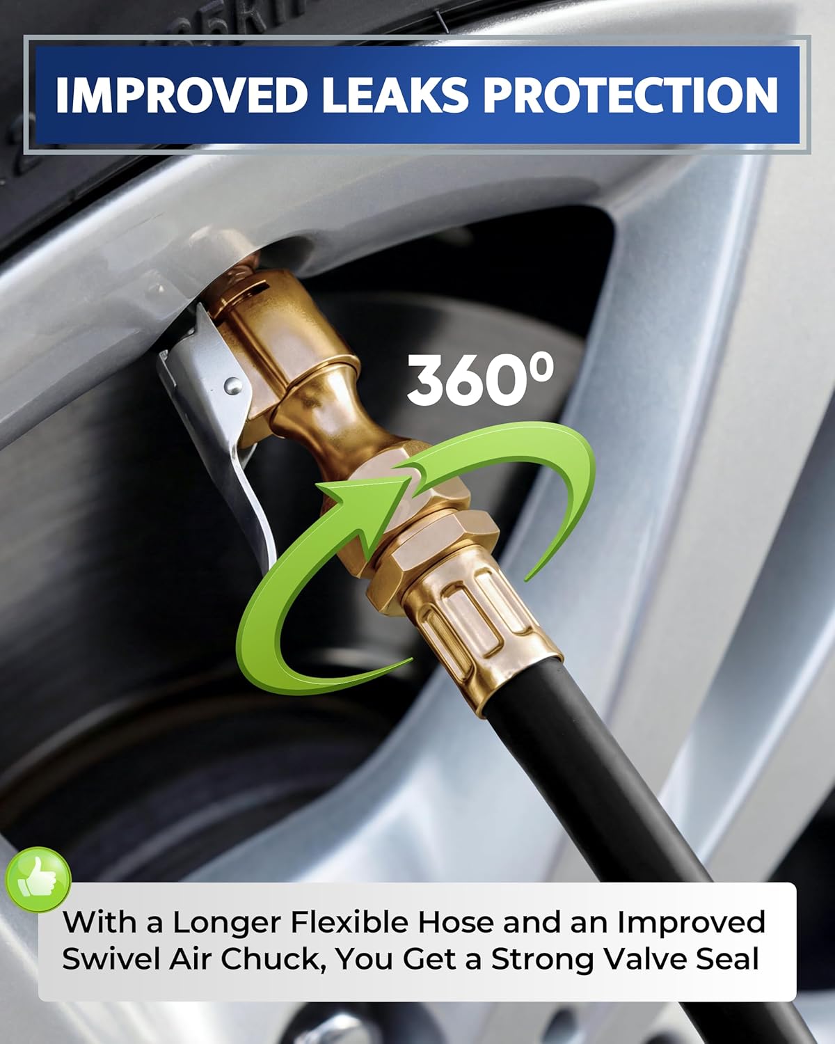Tire Inflator with Pressure Gauge and Longer Hose - Most Accurate, Heavy Duty Air Chuck with Gauge for Air Compressor Tire Inflator Attachment - 100PSI