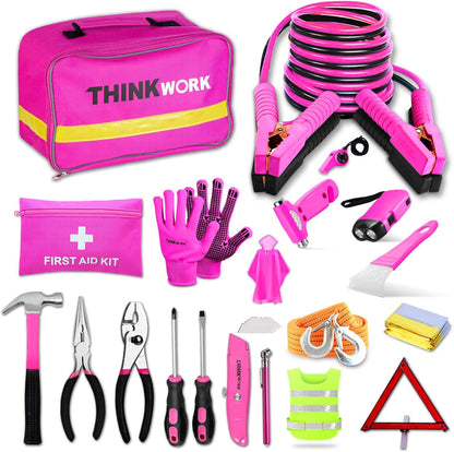 THINKWORK Car Emergency Kit for Teen Girl and Lady's Gifts, Pink Emergency Roadside Assistance kit with Digital Air Compressor, 10FT Jumper, First Aid Kit, and More Ideal Pink Car Accessories Tool -E7