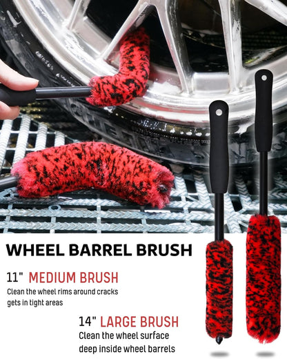oesee Professional 4 Pack Long Handle Wheel Brush Kit for Cleaning Wheel and Tire- 2X Soft Wheel Cleaning Brush, Detailing Brush and Stiff Tire Brush, Bendable& Durable Wheel Rim Cleaner Brush Set