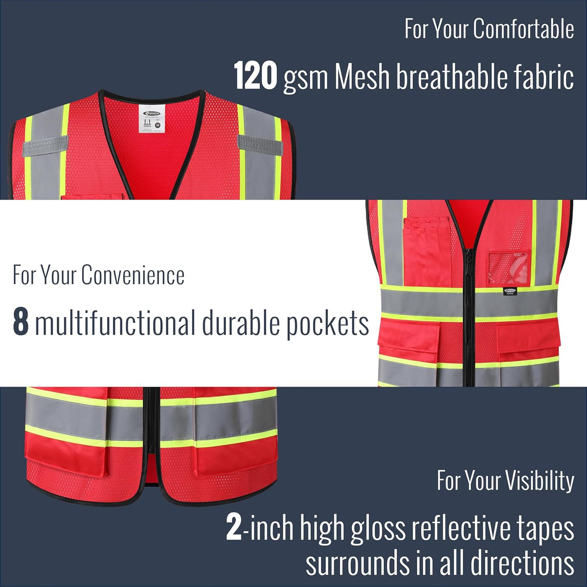 JKSafety Safety Vest for men women Hi Vis Reflective Vest with Pockets and Zipper High Visibility Meet ANSI Standard（BX320