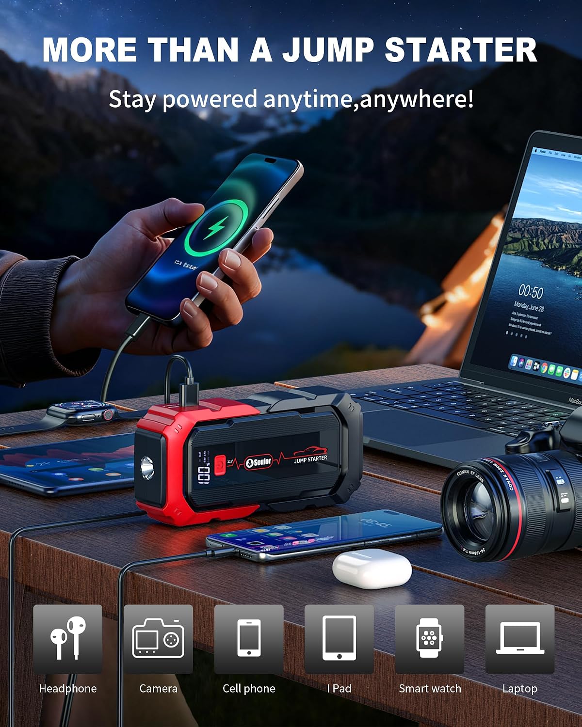 Jump Starter, Battery Jumper Starter Portable, Car Battery Jump Starter with 3 Modes Flashlight, Compass, Power Bank and Jumper Cable