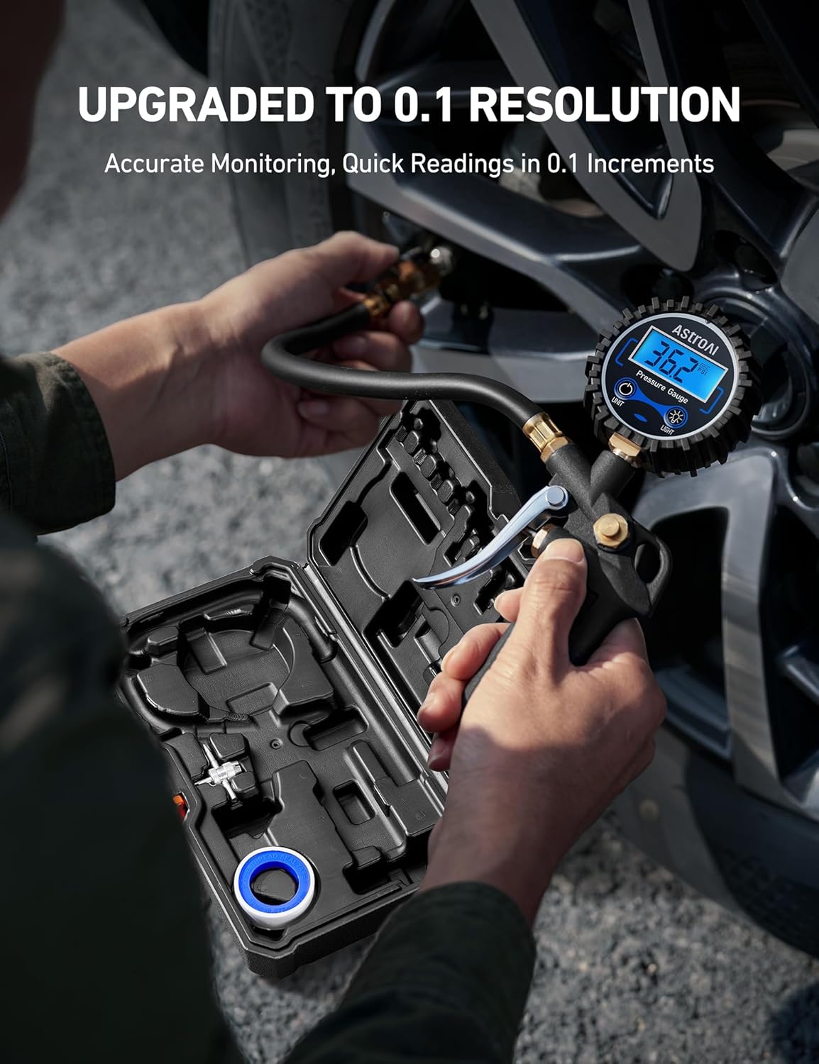 AstroAI Digital Tire Pressure Gauge with Inflator, 3-250 PSI Air Chuck & Compressor Accessories Heavy Duty with Quick Connect Coupler, 0.1 Display Resolution, 1Pack Standard
