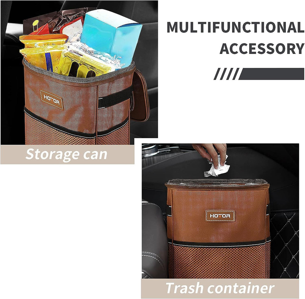 HOTOR Car Trash Can with Lid and Storage Pockets - 100% Leak-Proof Organizer, Waterproof Garbage Can, Multipurpose Trash Bin for Car, 2 Gallons, Black