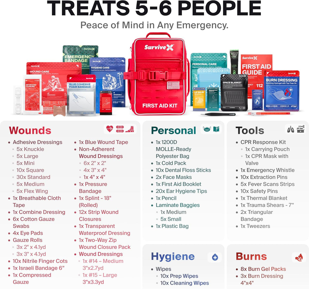 SurviveX Large Pro First Aid Kit for Car, Travel & Home - Emergency Kit for Hiking, Camping, Backpacking and Outdoors - Includes Zip Stitch Wound Closure Strips