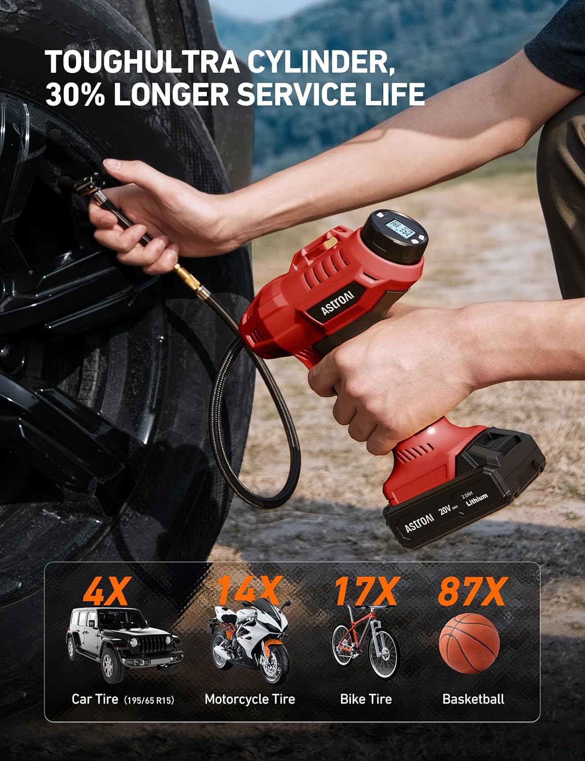 AstroAI Cordless Tire Inflator Portable Air Compressor Fast Inflation 160 PSI Air Pump 20V Rechargeable Battery Powered with 12V DC Adapter Digital Pressure Gauge for Cars Motorcycles Bikes Yellow