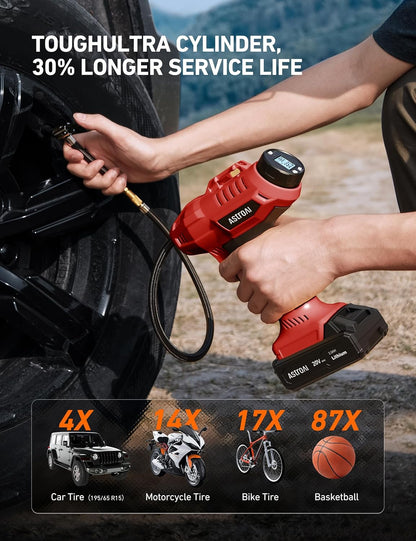AstroAI Cordless Tire Inflator Portable Air Compressor Fast Inflation 160 PSI Air Pump 20V Rechargeable Battery Powered with 12V DC Adapter Digital Pressure Gauge for Cars Motorcycles Bikes Yellow