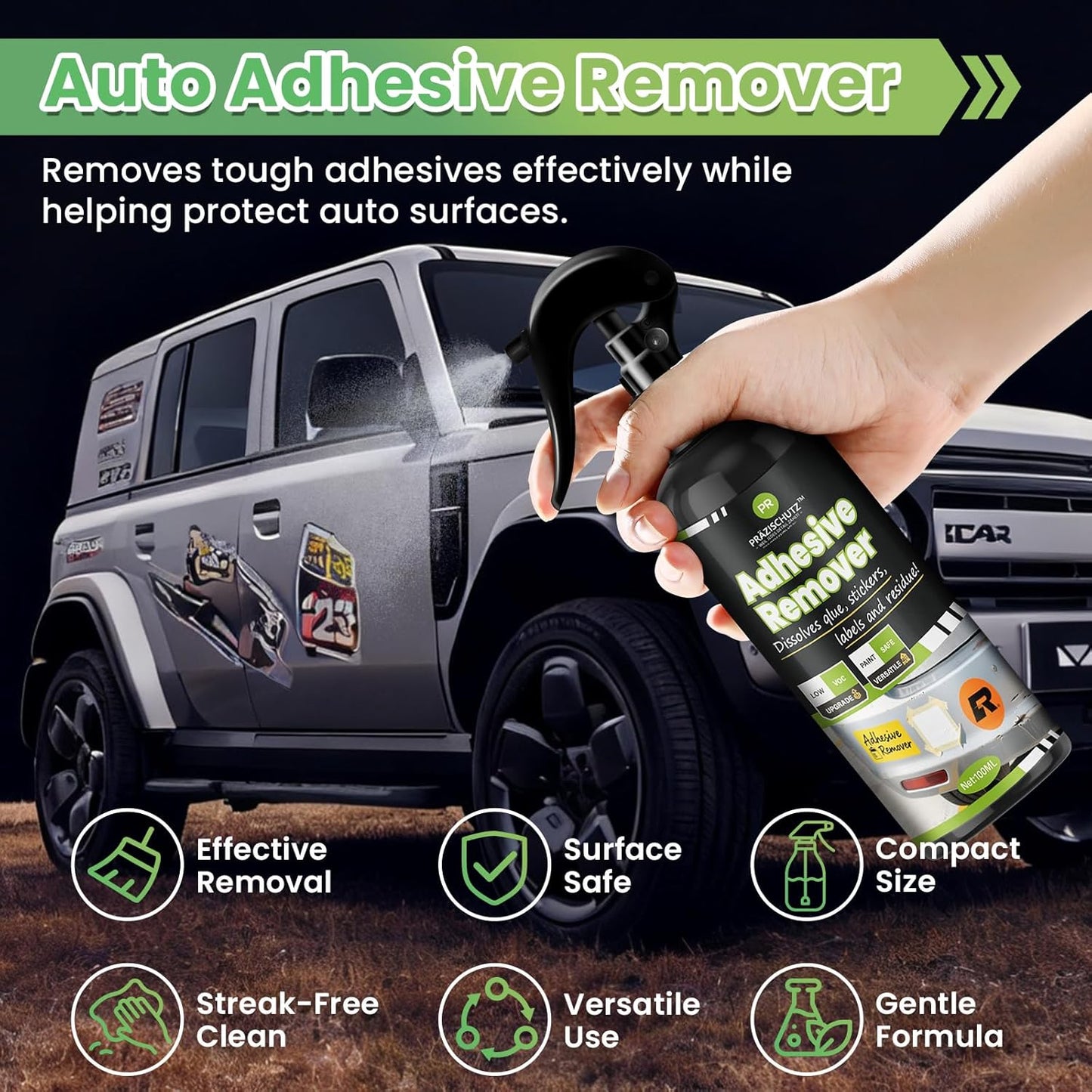 Adhesive Remover Spray for Cars – Paint Safe Formula Removes Glue, Stickers, Labels, Tape Residue, Gum & Tar, Streak-Free Cleaner for Painted, Metal, Plastic & Glass Surfaces, 100ml