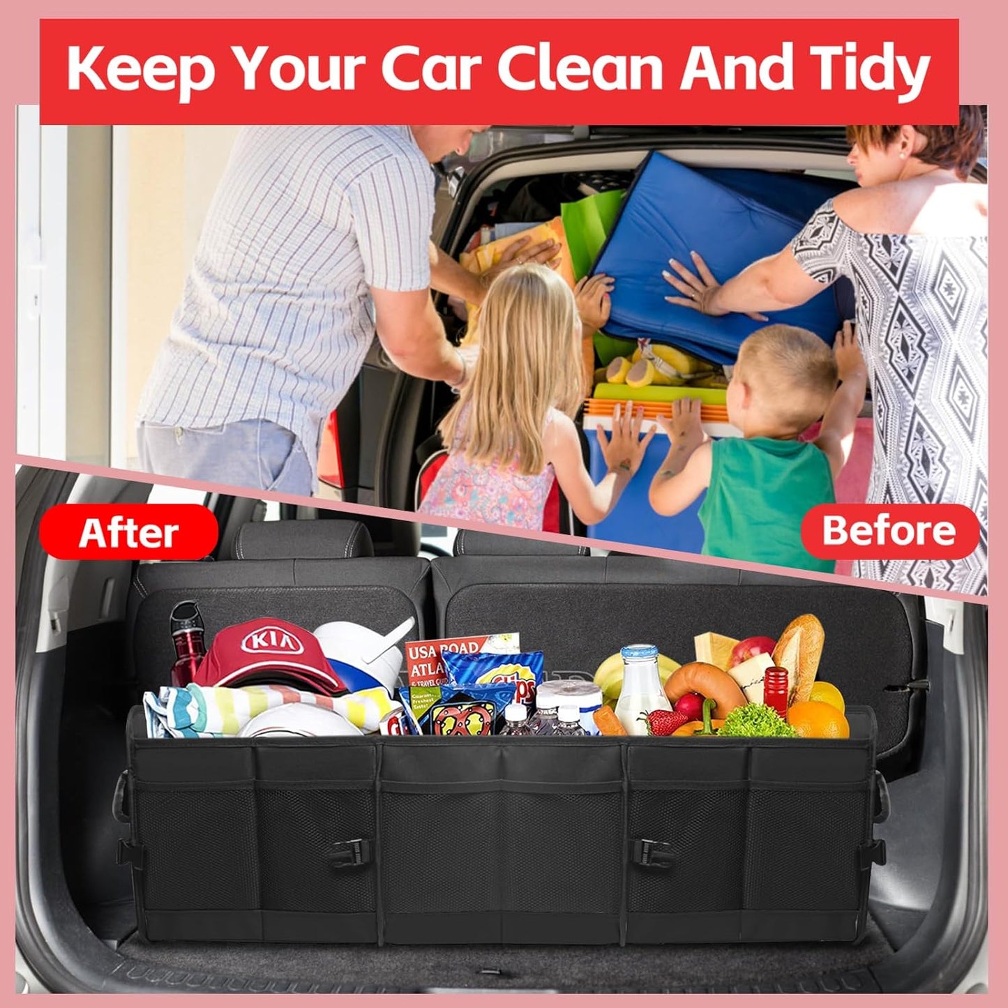 Car Trunk Organizer,Heavy Duty Collapsible 95 L Capacity Car Trunk Storage Organizer,Multi-Compartment Pockets, Adjustable Straps - Ideal for Travel, Camping, Shopping,Perfect for SUV, Truck, Sedan