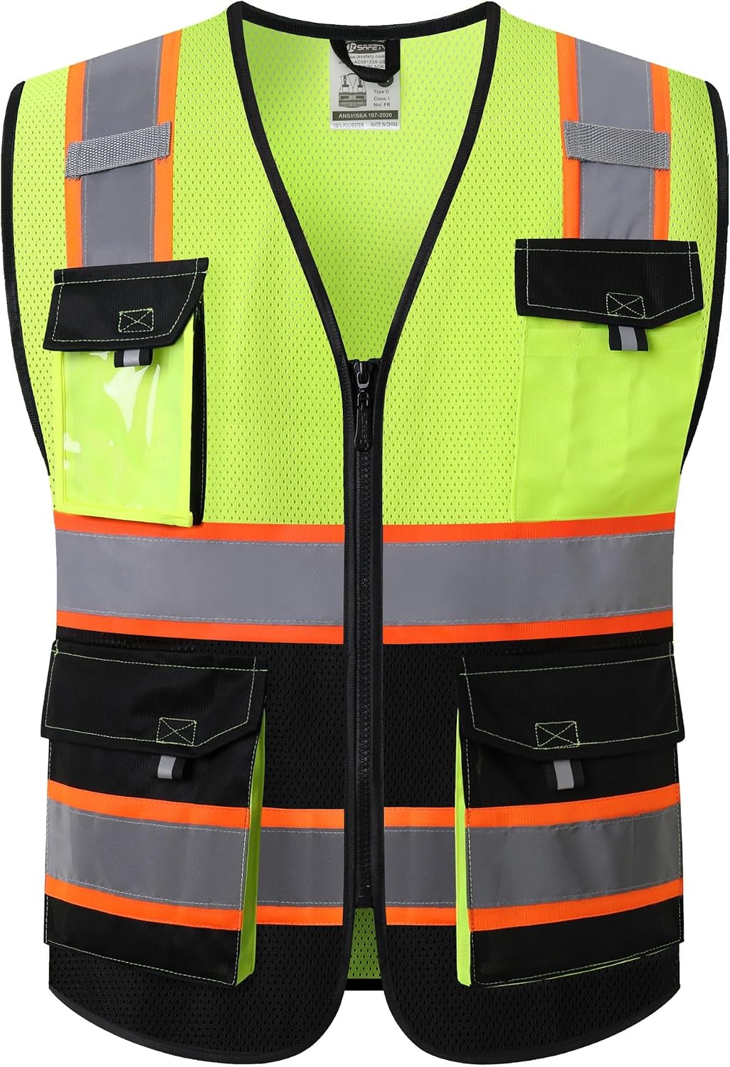 JKSafety Hi Vis Reflective Safety Vests for Men Women High Visibility Vest with Pockets Mesh Fabric Construction Safety Apparel Neon Vest for Work (220-Black L)