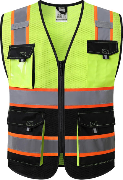 JKSafety Hi Vis Reflective Safety Vests for Men Women High Visibility Vest with Pockets Mesh Fabric Construction Safety Apparel Neon Vest for Work (220-Black L)
