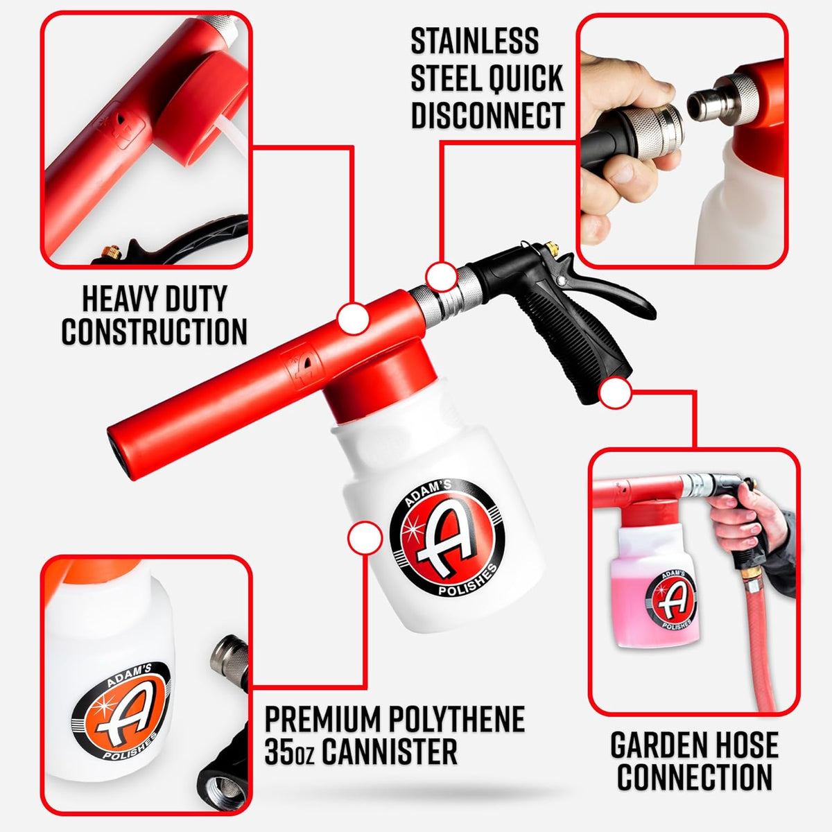 Adam's Foam Gun Car Wash Foam Sprayer - Connects to Garden Hose for Car Washing, No Pressure Washer Required, Use Snow Foam Blaster with Car Soap, Shampoo or Detergent