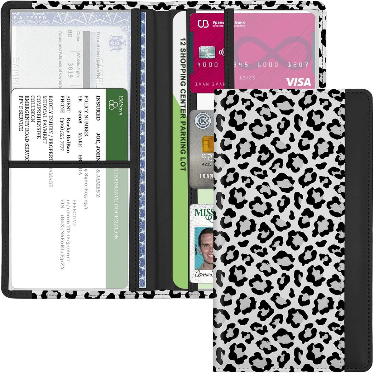 Car Registration and Insurance Holder, with Magnetic Closure for License, Cards and Documents, All Vehicle Needs and Car Accessories (Leopard-Black)