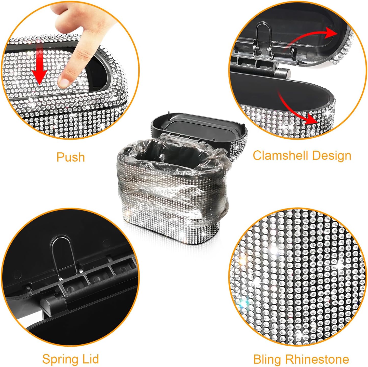 Accmor Car Trash Can with Lid, Mini Auto Dustbin Garbage Organizer Holder 2 Packs, Automotive Storage Container Bin with 60 Pcs Bags for Vehicle, Home, Office
