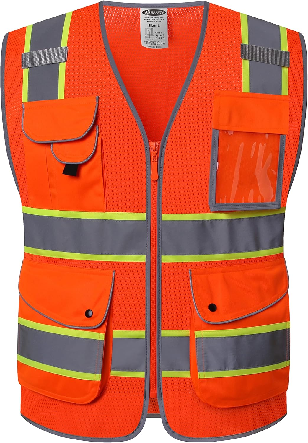 JKSafety 9 Pockets Class 2 High Visibility Zipper Front Safety Vest With Reflective Strips,Meets ANSI/ISEA Standard (Large, 150-Yellow) - Colors A