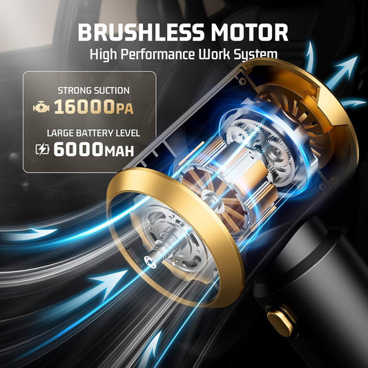 Cordless Car Vacuum Cleaner: Handheld Vacuum with 𝟏𝟔𝟎𝟎𝟎𝐏𝐚 Strong Suction, 𝐁𝐫𝐮𝐬𝐡𝐥𝐞𝐬𝐬 𝐌𝐨𝐭𝐨𝐫 & HEPA Filter, 𝟕-𝐢𝐧-𝟏 Cleaning Kit, Type-C Charging for Home Office Car