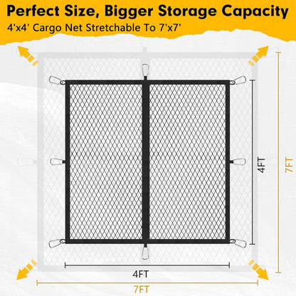 Cargo Net for Pickup Truck Bed 4'×4' Stretches to 7'×7', Highly Elastic Truck Bed Net with Fine Mesh & 8 Strong Metal Carabiners, Easy to Install Cargo Netting for Vehicles, Trailers, Boats