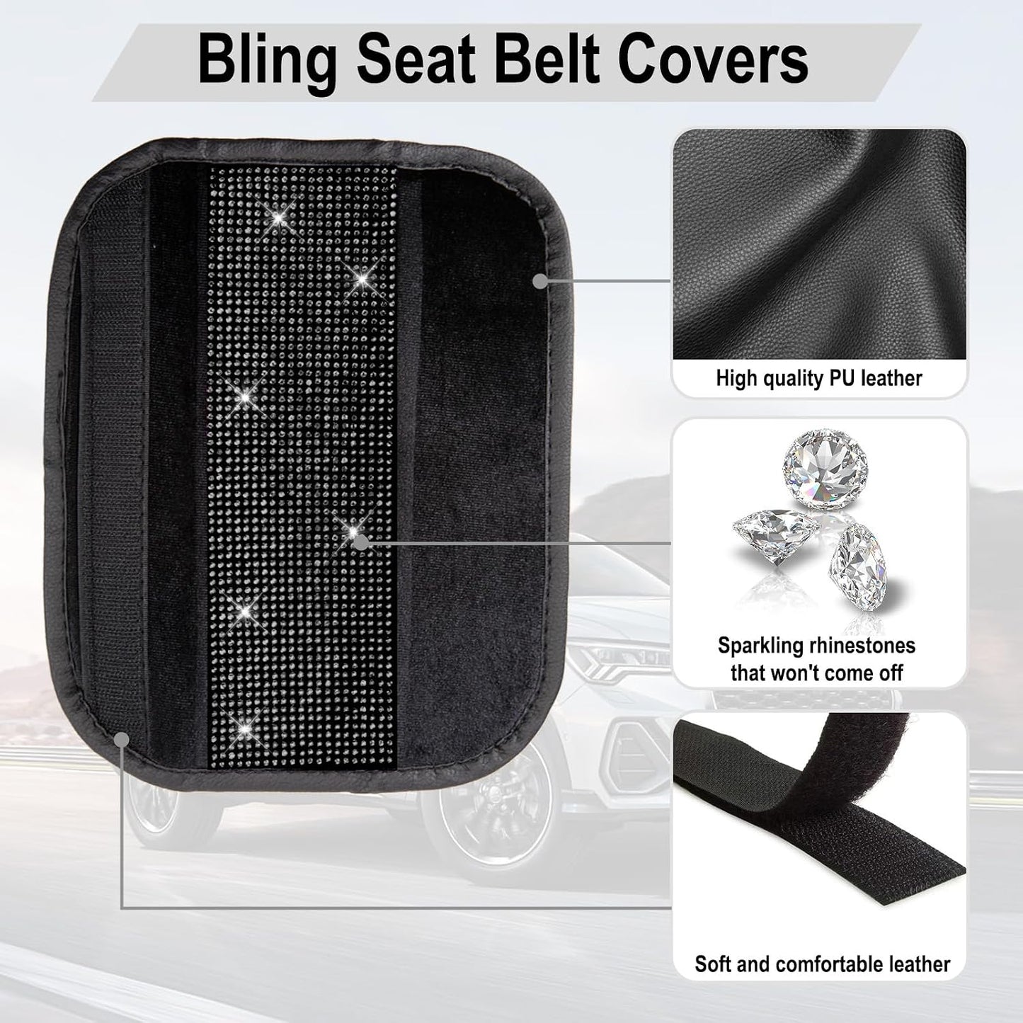 ecocstm 2 PCS Bling Car Seat Belt Shoulder Pads, Bling Seat Belt Covers with Bling Rhinestones, Car Accessories Seatbelt Strap Pad with Crystal Diamond for Car, Truck, SUV (White Diamond)