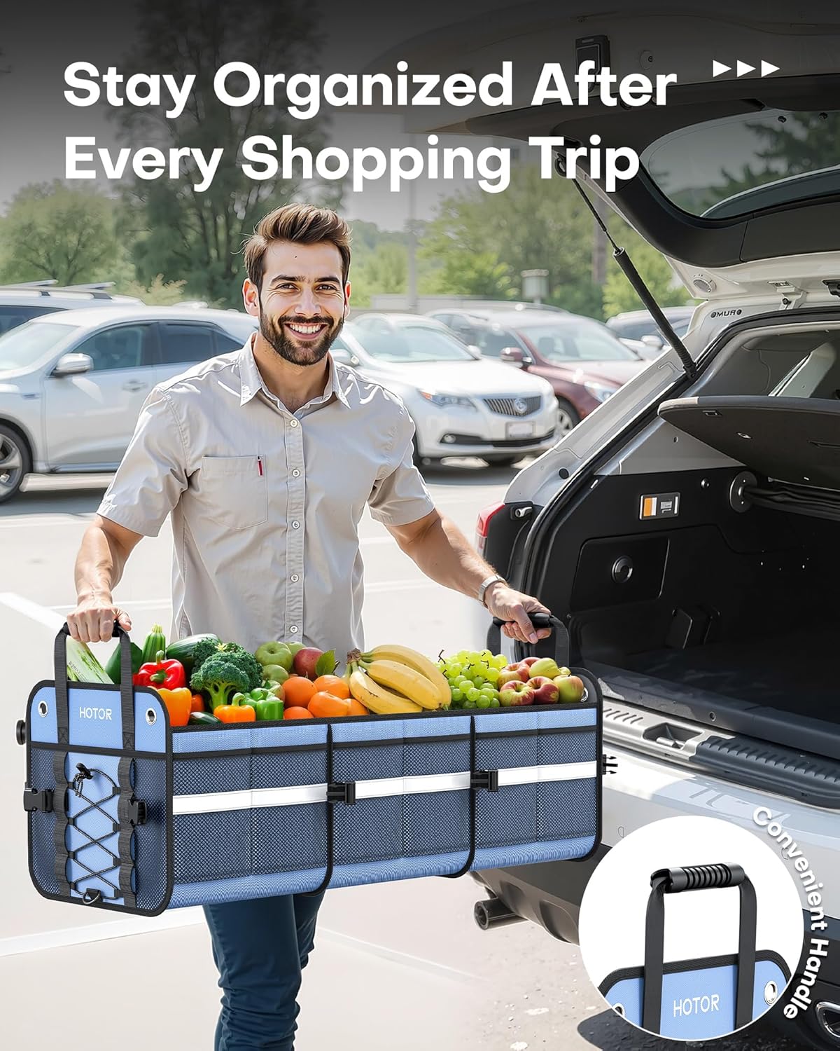 HOTOR Trunk Organizer for SUV – Car Storage Box with Reflective Strips, Collapsible Car Organizer with Large Capacity, Essential Car Accessories for Truck, Van & Sedan, Black, 33.1" x 13.0" x 12.0"