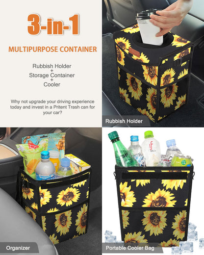 Pritent Car Trash Can with Lid, Cute Leakproof Car Trash Garbage Bag Hanging Vehicle Trash Bin Small Portable Automotive Garbage Cans Organizer for Back/Front Seat/Console(Trapezoid,Black)