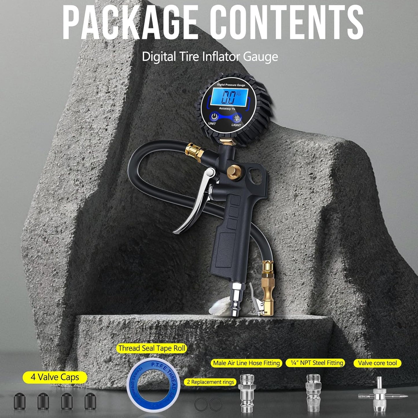 Digital Tire Pressure Gauge with Inflator, 3-250 PSI Air Compressor Accessories with Air Chuck Quick Connect Coupler, Car Attachments with Rubber Hose for Car, Truck, SUV, Cycle, RV